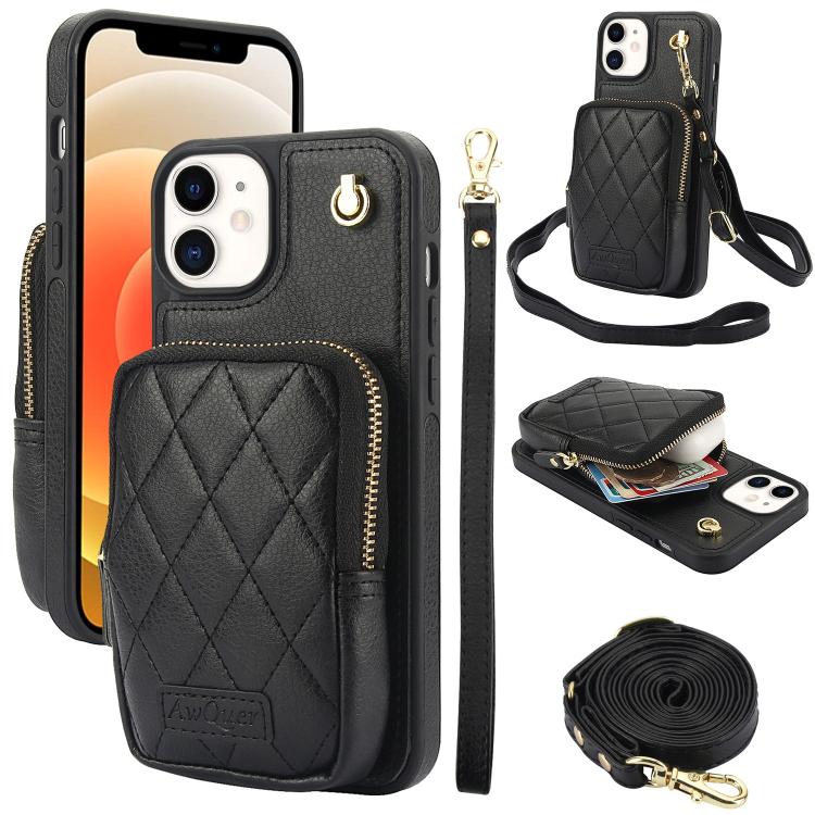 AwQuer Crossbody Zipper Wallet Bag Litchi Leather Phone Case, For iPhone 13 Pro Max, For iPhone 13 Pro, For iPhone 12 / 12 Pro