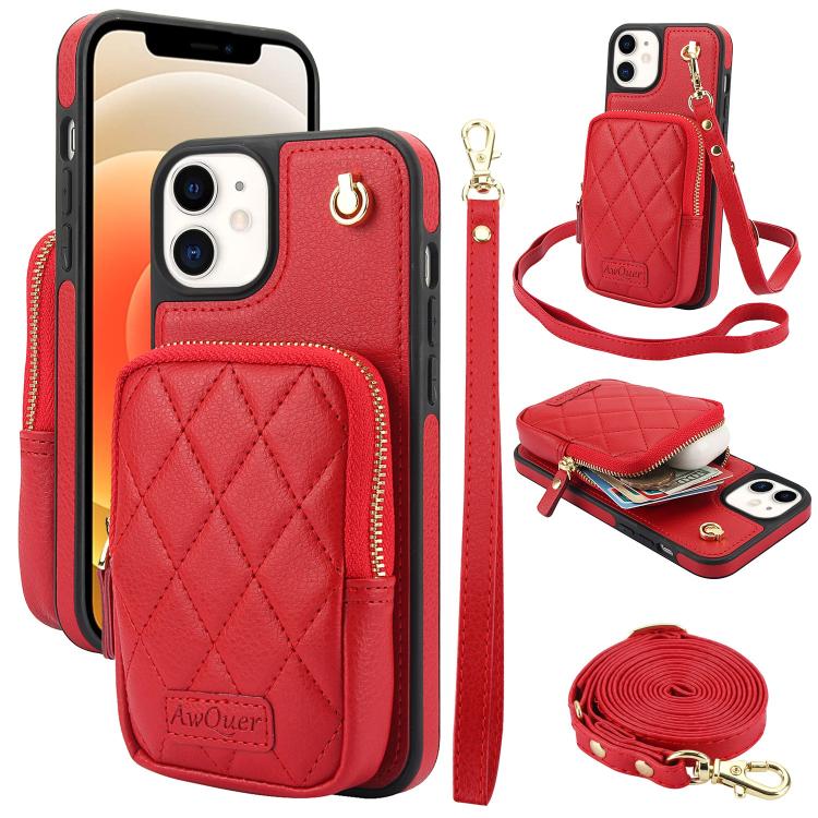 AwQuer Crossbody Zipper Wallet Bag Litchi Leather Phone Case, For iPhone 13 Pro Max, For iPhone 13 Pro, For iPhone 12 / 12 Pro