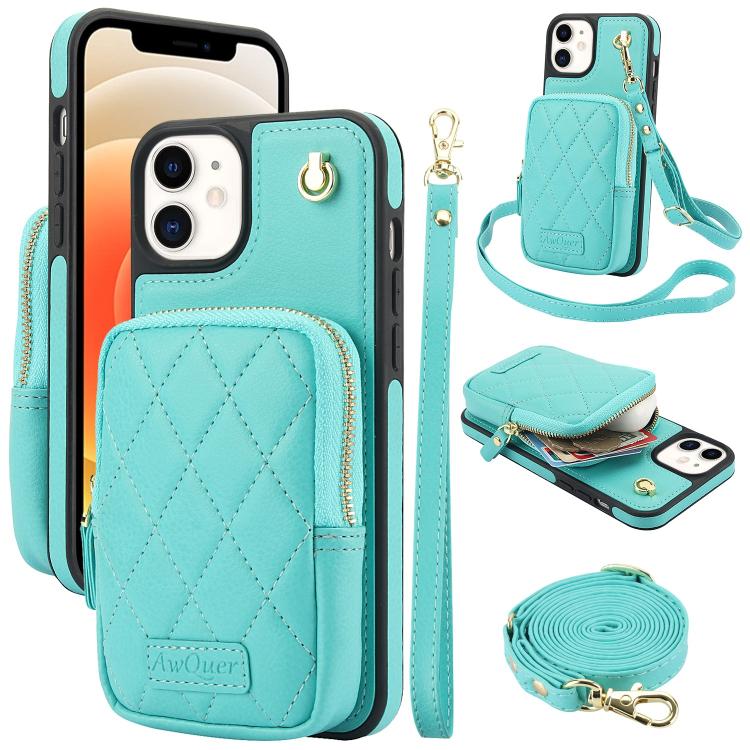 AwQuer Crossbody Zipper Wallet Bag Litchi Leather Phone Case, For iPhone 13 Pro Max, For iPhone 13 Pro, For iPhone 12 / 12 Pro