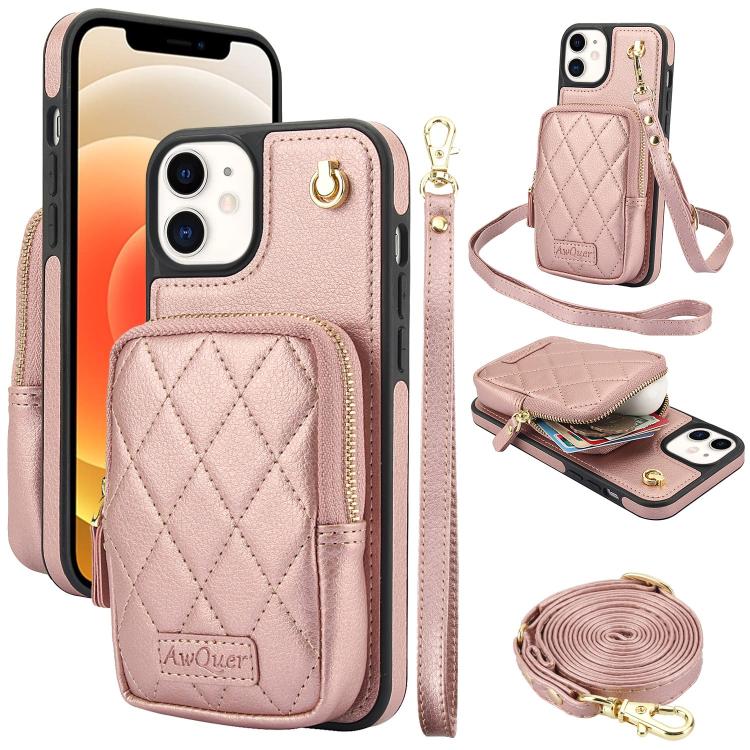 AwQuer Crossbody Zipper Wallet Bag Litchi Leather Phone Case, For iPhone 13 Pro Max, For iPhone 13 Pro, For iPhone 12 / 12 Pro
