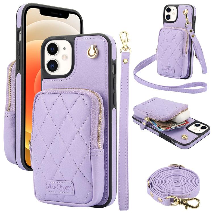 AwQuer Crossbody Zipper Wallet Bag Litchi Leather Phone Case, For iPhone 13 Pro Max, For iPhone 13 Pro, For iPhone 12 / 12 Pro