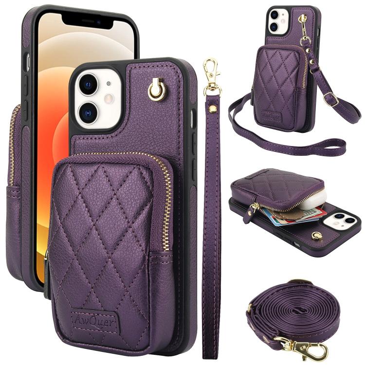 AwQuer Crossbody Zipper Wallet Bag Litchi Leather Phone Case, For iPhone 13 Pro Max, For iPhone 13 Pro, For iPhone 12 / 12 Pro