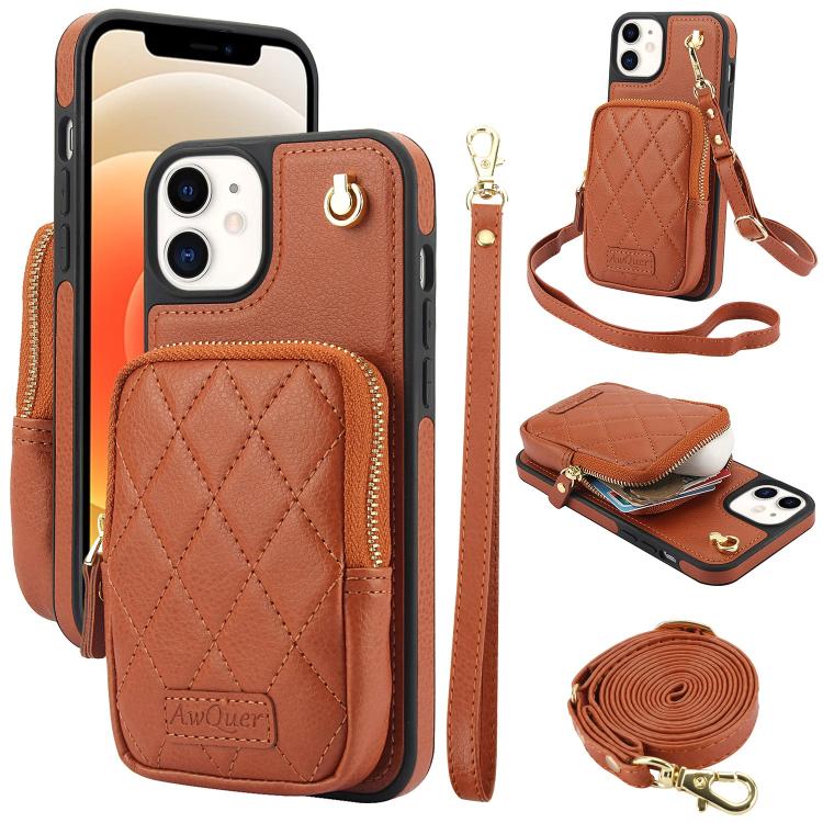 AwQuer Crossbody Zipper Wallet Bag Litchi Leather Phone Case, For iPhone 13 Pro Max, For iPhone 13 Pro, For iPhone 12 / 12 Pro