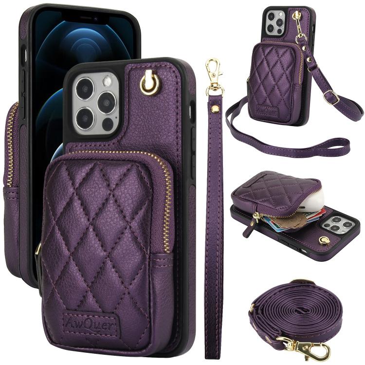 AwQuer Crossbody Zipper Wallet Bag Litchi Leather Phone Case, For iPhone 12 Pro Max, For iPhone 11 Pro Max, For iPhone 11