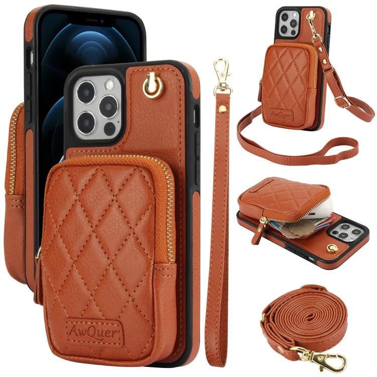 AwQuer Crossbody Zipper Wallet Bag Litchi Leather Phone Case, For iPhone 12 Pro Max, For iPhone 11 Pro Max, For iPhone 11