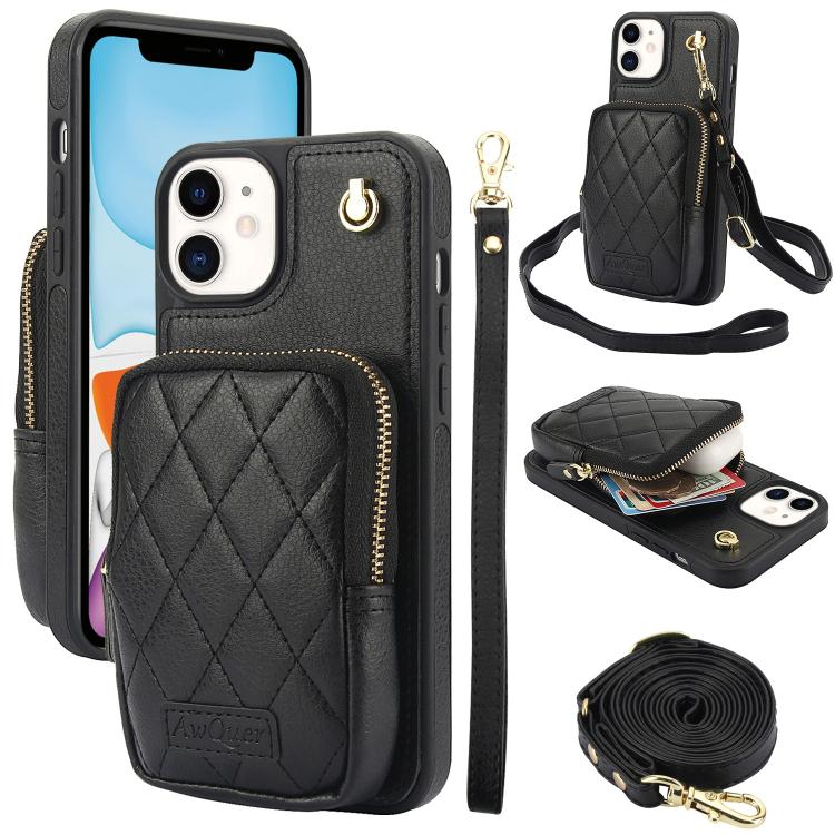 AwQuer Crossbody Zipper Wallet Bag Litchi Leather Phone Case, For iPhone 12 Pro Max, For iPhone 11 Pro Max, For iPhone 11