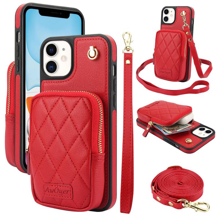AwQuer Crossbody Zipper Wallet Bag Litchi Leather Phone Case, For iPhone 12 Pro Max, For iPhone 11 Pro Max, For iPhone 11