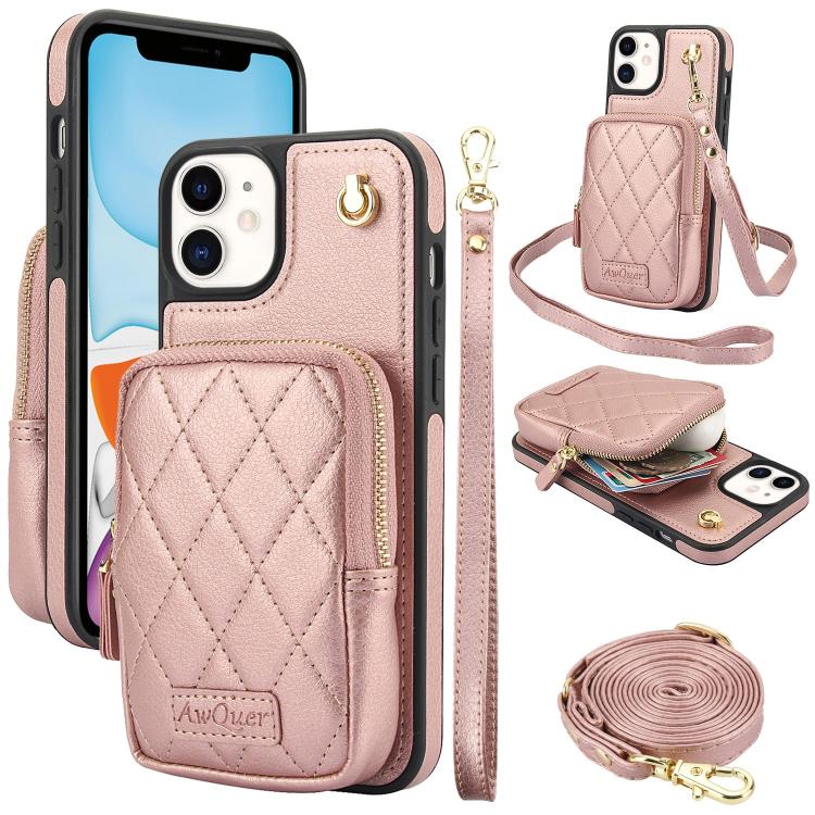 AwQuer Crossbody Zipper Wallet Bag Litchi Leather Phone Case, For iPhone 12 Pro Max, For iPhone 11 Pro Max, For iPhone 11