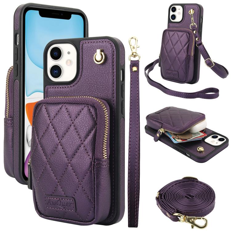 AwQuer Crossbody Zipper Wallet Bag Litchi Leather Phone Case, For iPhone 12 Pro Max, For iPhone 11 Pro Max, For iPhone 11