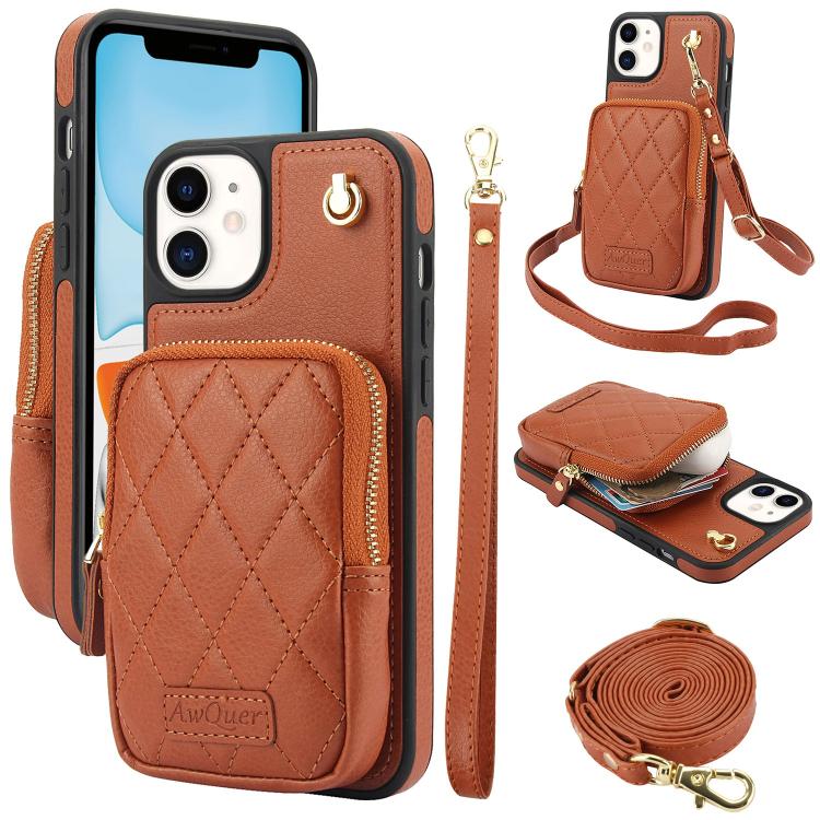 AwQuer Crossbody Zipper Wallet Bag Litchi Leather Phone Case, For iPhone 12 Pro Max, For iPhone 11 Pro Max, For iPhone 11