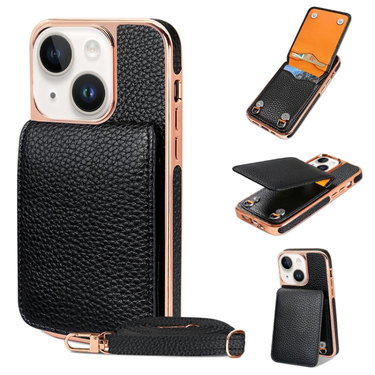 VIETAO Litchi Texture Wallet PU Phone Case with Lanyard, For iPhone 15 Pro, For iPhone 15, For iPhone 14 Plus, For iPhone 14
