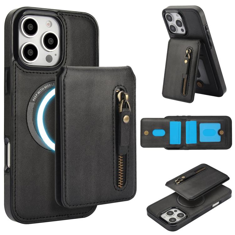 Zipper Wallet Split MagSafe Leather Back Phone Case, For iPhone 16e, For iPhone 16 Pro Max, For iPhone 16 Pro