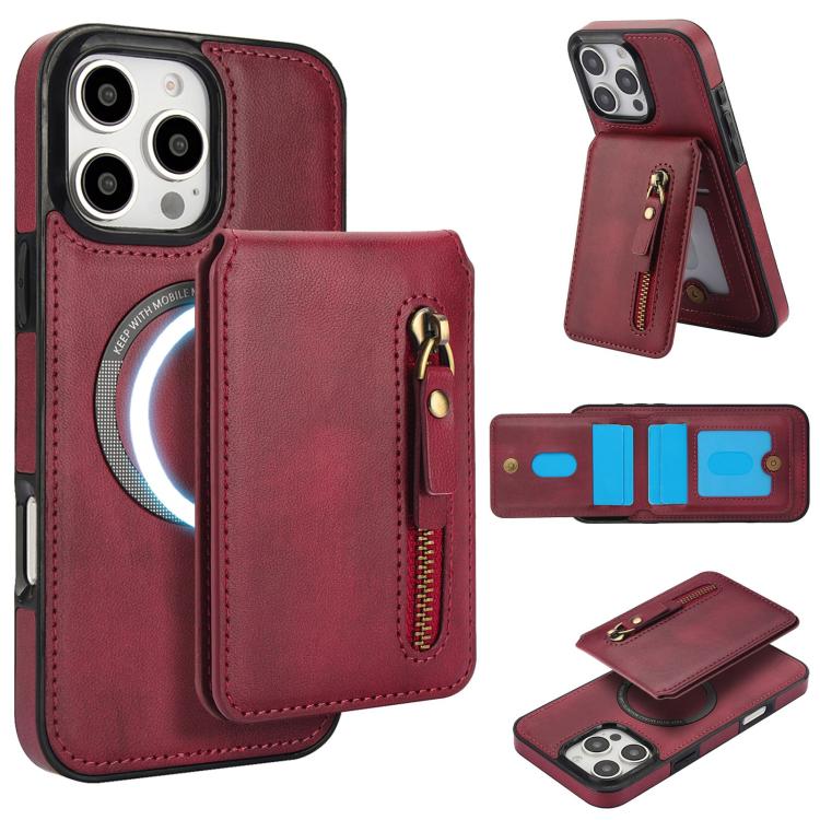 Zipper Wallet Split MagSafe Leather Back Phone Case, For iPhone 16e, For iPhone 16 Pro Max, For iPhone 16 Pro