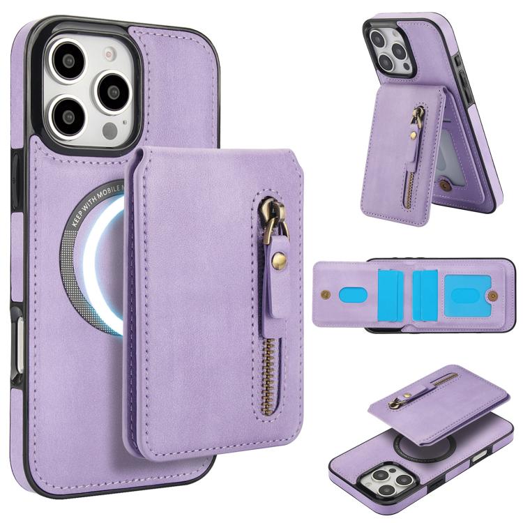Zipper Wallet Split MagSafe Leather Back Phone Case, For iPhone 16e, For iPhone 16 Pro Max, For iPhone 16 Pro