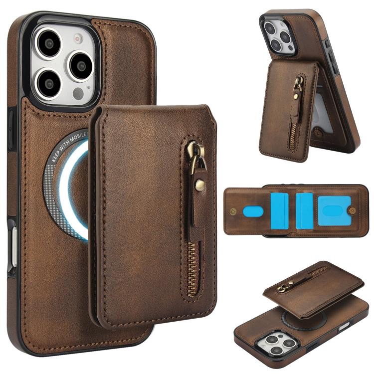 Zipper Wallet Split MagSafe Leather Back Phone Case, For iPhone 16e, For iPhone 16 Pro Max, For iPhone 16 Pro