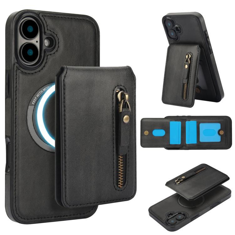 Zipper Wallet Split MagSafe Leather Back Phone Case, For iPhone 16 Plus, For iPhone 16, For iPhone 15 Pro Max