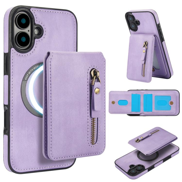 Zipper Wallet Split MagSafe Leather Back Phone Case, For iPhone 16 Plus, For iPhone 16, For iPhone 15 Pro Max