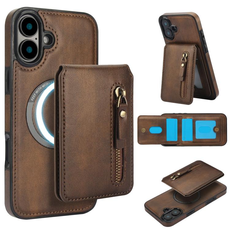 Zipper Wallet Split MagSafe Leather Back Phone Case, For iPhone 16 Plus, For iPhone 16, For iPhone 15 Pro Max