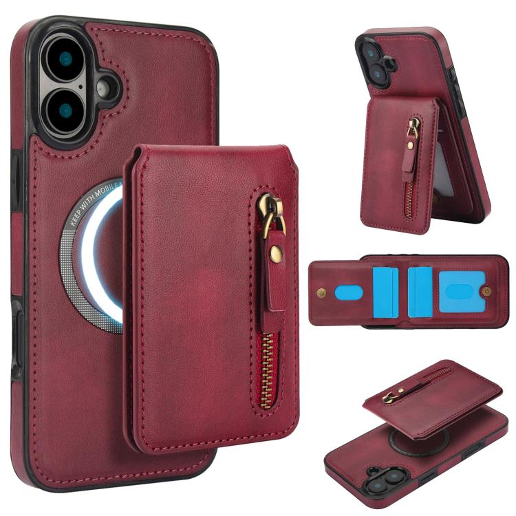 Zipper Wallet Split MagSafe Leather Back Phone Case, For iPhone 16 Plus, For iPhone 16, For iPhone 15 Pro Max