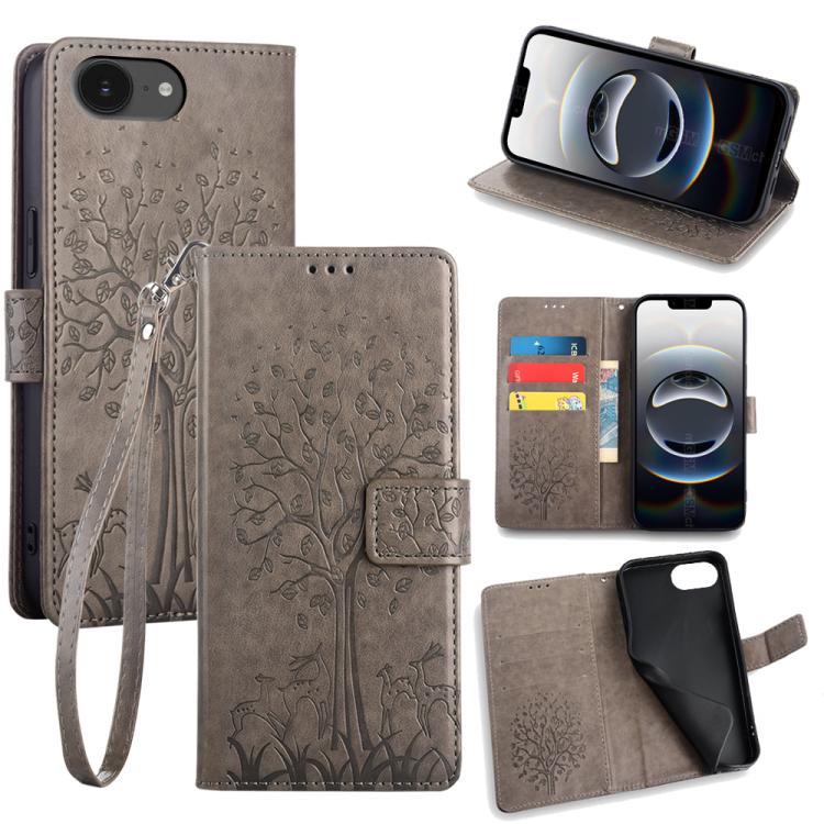 Tree & Deer Embossed Leather Phone Case, For iPhone 16e
