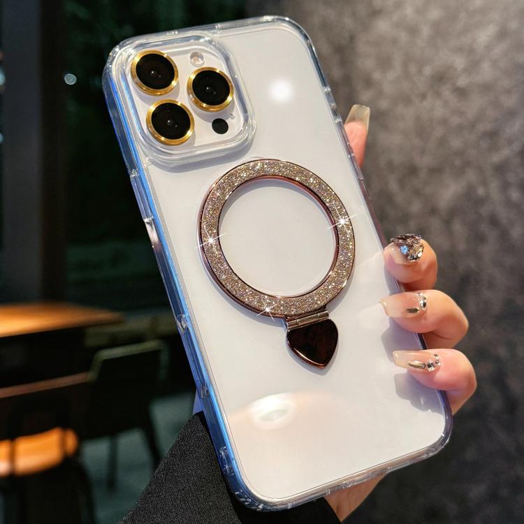 Love Glitter Powder MagSafe Holder Phone Case with Lens Film, For iPhone 16e, For iPhone 16 Pro Max, For iPhone 16 Pro, For iPhone 16, For iPhone 15 Pro Max, For iPhone 15 Pro