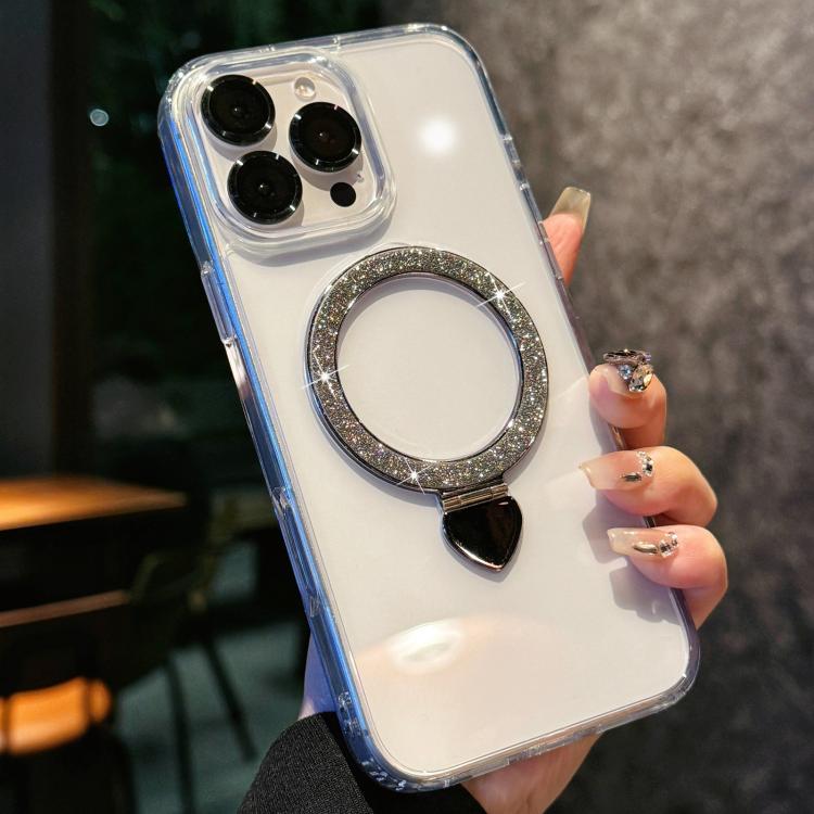 Love Glitter Powder MagSafe Holder Phone Case with Lens Film, For iPhone 16e, For iPhone 16 Pro Max, For iPhone 16 Pro, For iPhone 16, For iPhone 15 Pro Max, For iPhone 15 Pro