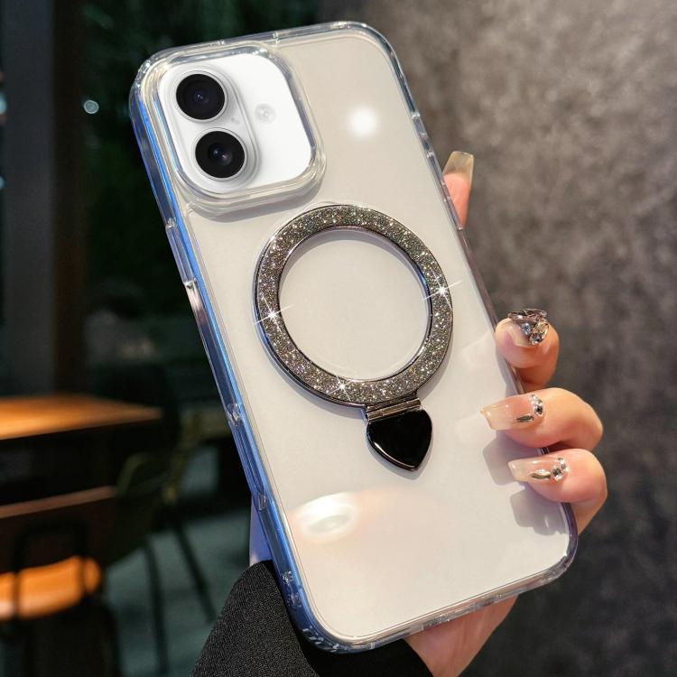 Love Glitter Powder MagSafe Holder Phone Case with Lens Film, For iPhone 16e, For iPhone 16 Pro Max, For iPhone 16 Pro, For iPhone 16, For iPhone 15 Pro Max, For iPhone 15 Pro