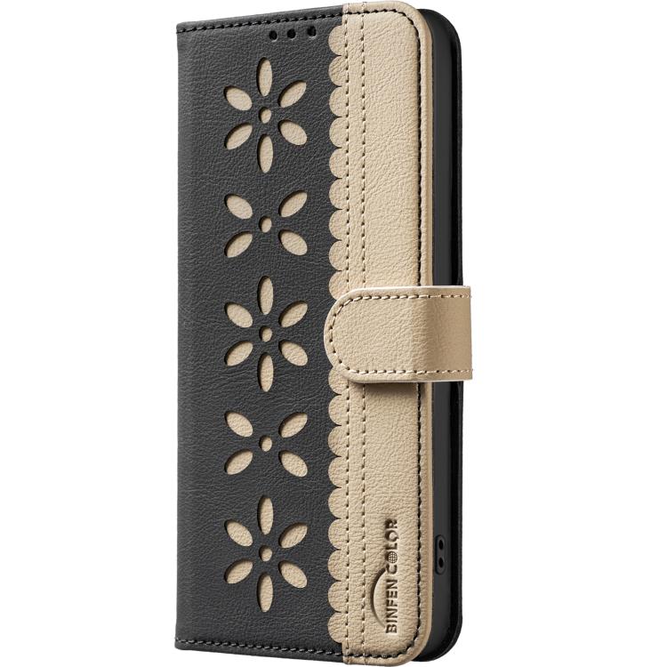 Splicing Color Hollow Flower Pattern RFID Leather Phone Case
