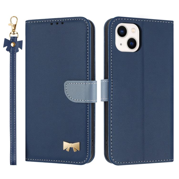 Metal Bow Leather Phone Case with Hand Strap, For iPhone 15, For iPhone 14 / 13, For iPhone 14 Pro, For iPhone 14 Pro Max