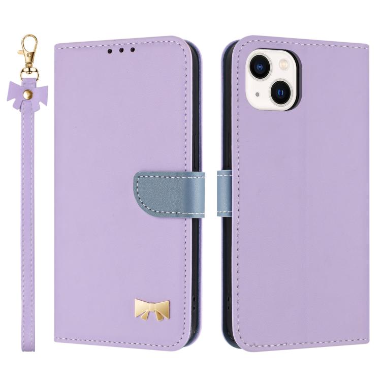 Metal Bow Leather Phone Case with Hand Strap, For iPhone 15, For iPhone 14 / 13, For iPhone 14 Pro, For iPhone 14 Pro Max