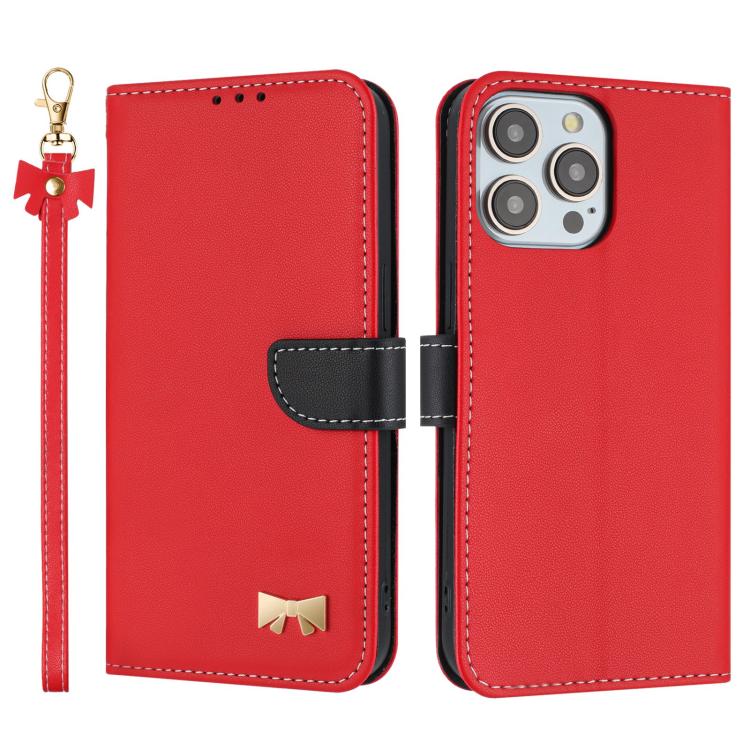 Metal Bow Leather Phone Case with Hand Strap, For iPhone 15, For iPhone 14 / 13, For iPhone 14 Pro, For iPhone 14 Pro Max