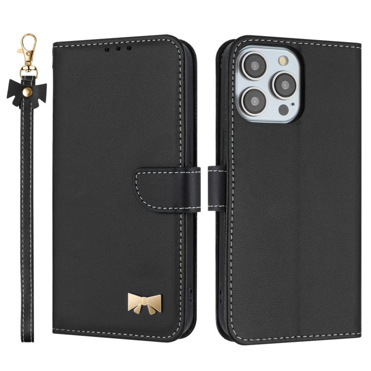 Metal Bow Leather Phone Case with Hand Strap, For iPhone 15, For iPhone 14 / 13, For iPhone 14 Pro, For iPhone 14 Pro Max