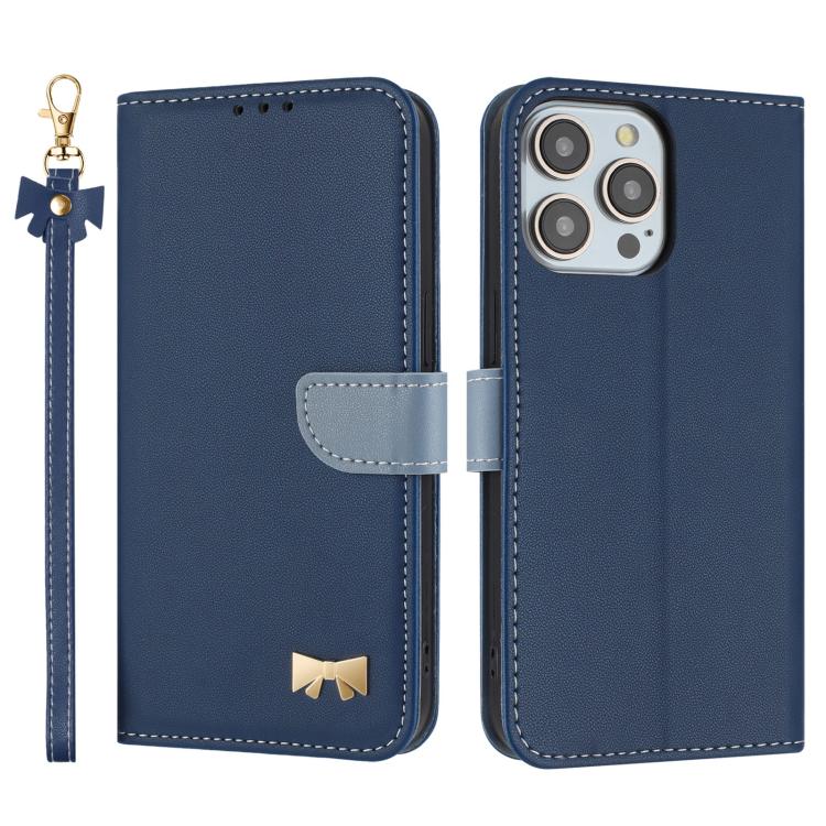 Metal Bow Leather Phone Case with Hand Strap, For iPhone 15, For iPhone 14 / 13, For iPhone 14 Pro, For iPhone 14 Pro Max