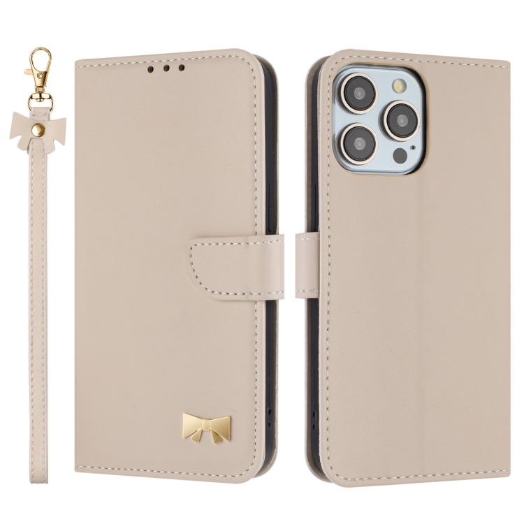 Metal Bow Leather Phone Case with Hand Strap, For iPhone 15, For iPhone 14 / 13, For iPhone 14 Pro, For iPhone 14 Pro Max