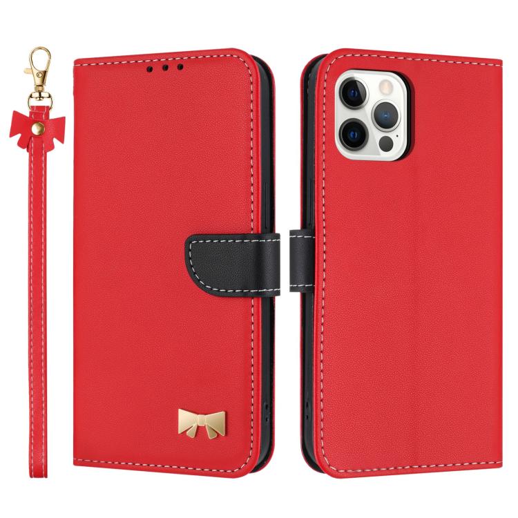 Metal Bow Leather Phone Case with Hand Strap, For iPhone 7 / 8 / SE 2022, For iPhone 13 Pro Max, For iPhone 13 Pro, For iPhone 12 / 12 Pro