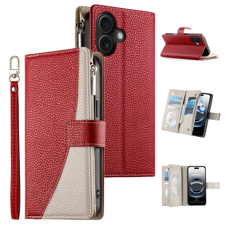 Stitching Multi-card Zipper Wallet Leather Phone Case with Short Strap, For iPhone 16, For iPhone 15 Pro Max, For iPhone 15 Pro, For iPhone 15 Plus