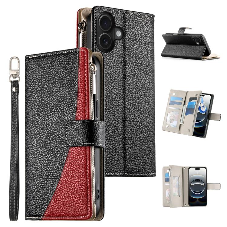 Stitching Multi-card Zipper Wallet Leather Phone Case with Short Strap, For iPhone 16e, For iPhone 16 Pro Max, For iPhone 16 Pro, For iPhone 16 Plus