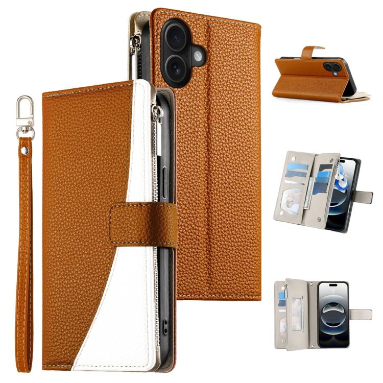 Stitching Multi-card Zipper Wallet Leather Phone Case with Short Strap, For iPhone 16e, For iPhone 16 Pro Max, For iPhone 16 Pro, For iPhone 16 Plus