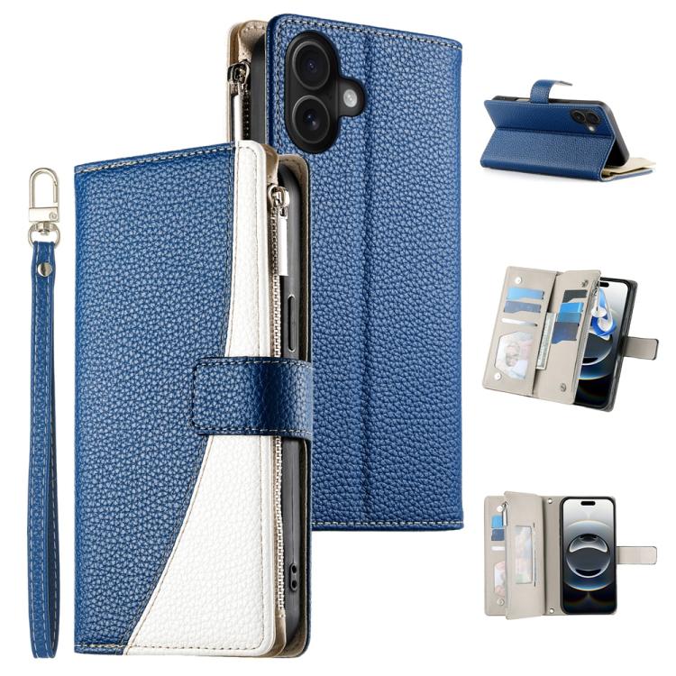 Stitching Multi-card Zipper Wallet Leather Phone Case with Short Strap, For iPhone 16e, For iPhone 16 Pro Max, For iPhone 16 Pro, For iPhone 16 Plus