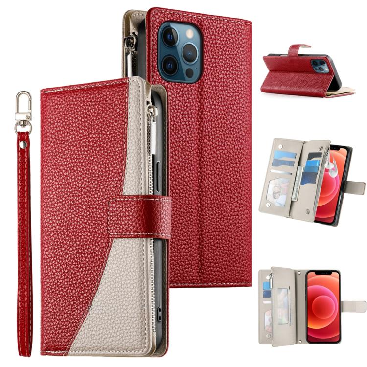 Stitching Multi-card Zipper Wallet Leather Phone Case with Short Strap, For iPhone 13 mini, For iPhone 12 / 12 Pro, For iPhone 12 Pro Max, For iPhone 12 mini