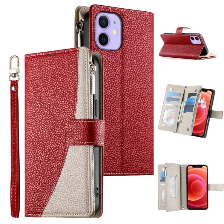 Stitching Multi-card Zipper Wallet Leather Phone Case with Short Strap, For iPhone 13 mini, For iPhone 12 / 12 Pro, For iPhone 12 Pro Max, For iPhone 12 mini