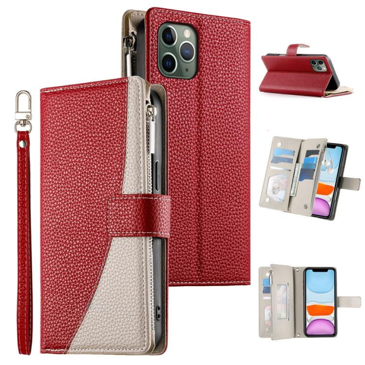 Stitching Multi-card Zipper Wallet Leather Phone Case with Short Strap, For iPhone 11 Pro Max, For iPhone 11, For iPhone 11 Pro, For iPhone X / XS