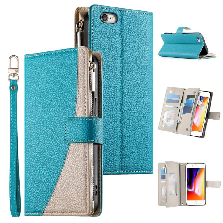 Stitching Multi-card Zipper Wallet Leather Phone Case with Short Strap, For iPhone 14 Pro Max, For iPhone SE 2022 / SE 2020 / 8 / 7, For iPhone 13 Pro Max, For iPhone 13 Pro