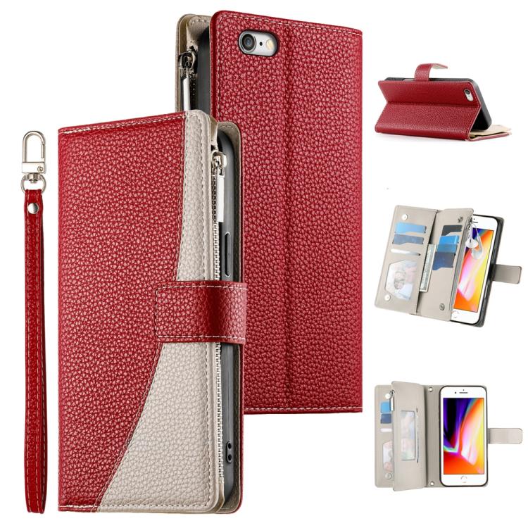Stitching Multi-card Zipper Wallet Leather Phone Case with Short Strap, For iPhone 14 Pro Max, For iPhone SE 2022 / SE 2020 / 8 / 7, For iPhone 13 Pro Max, For iPhone 13 Pro