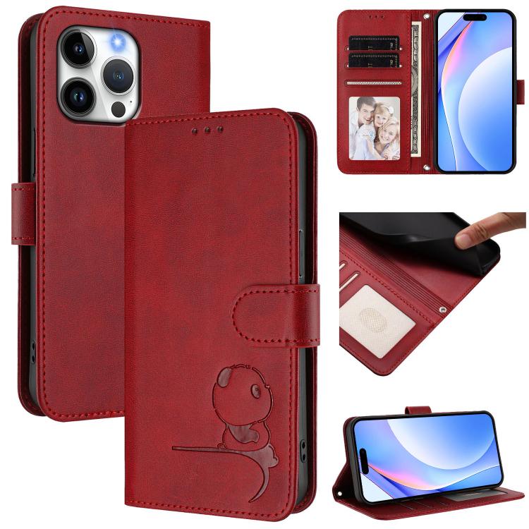 Litter Panda Embossing RFID Leather Phone Case with Lanyard, For iPhone 16e, For iPhone 16 Pro Max, For iPhone 16 Pro, For iPhone 16 Plus