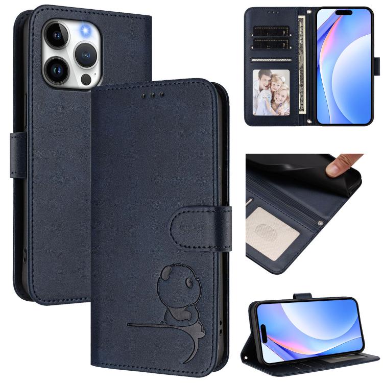 Litter Panda Embossing RFID Leather Phone Case with Lanyard, For iPhone 16e, For iPhone 16 Pro Max, For iPhone 16 Pro, For iPhone 16 Plus