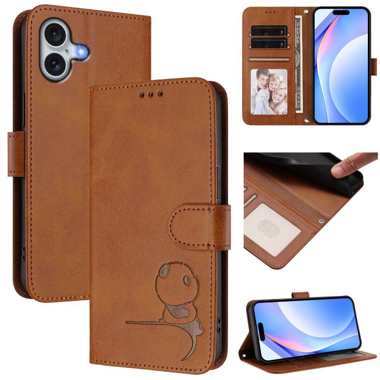 Litter Panda Embossing RFID Leather Phone Case with Lanyard, For iPhone 16e, For iPhone 16 Pro Max, For iPhone 16 Pro, For iPhone 16 Plus