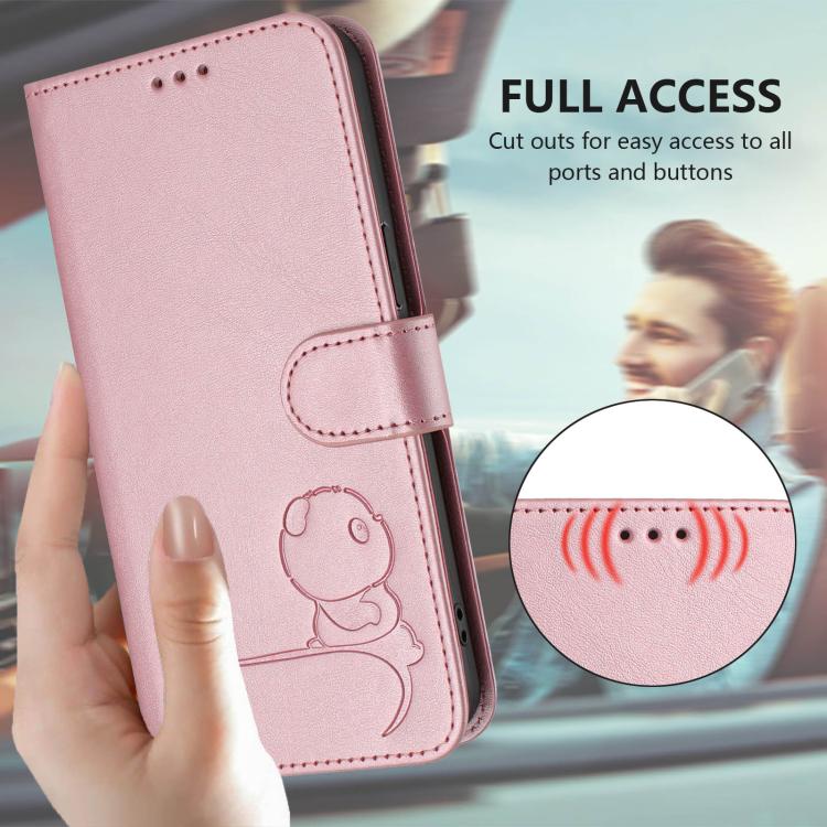 Litter Panda Embossing RFID Leather Phone Case with Lanyard, For iPhone 16e, For iPhone 16 Pro Max, For iPhone 16 Pro, For iPhone 16 Plus