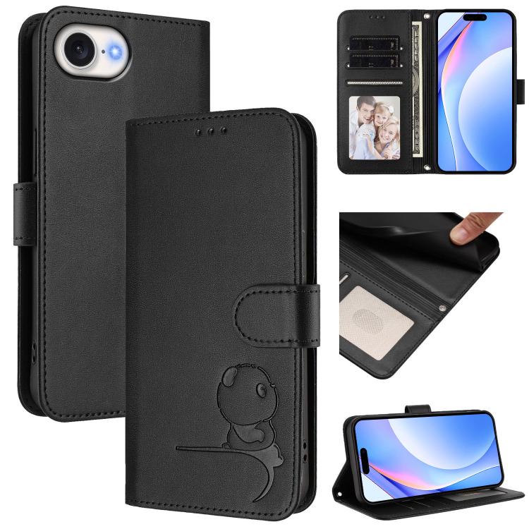 Litter Panda Embossing RFID Leather Phone Case with Lanyard, For iPhone 16e, For iPhone 16 Pro Max, For iPhone 16 Pro, For iPhone 16 Plus