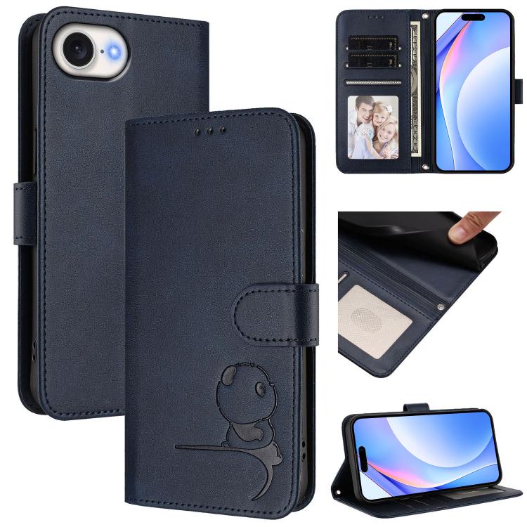 Litter Panda Embossing RFID Leather Phone Case with Lanyard, For iPhone 16e, For iPhone 16 Pro Max, For iPhone 16 Pro, For iPhone 16 Plus